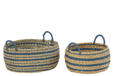 Korbset gestreift Natur Blau 2-teilig mit Griffen