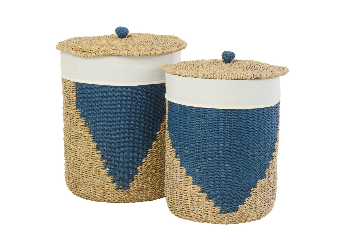 Aufbewahrungskorb mit Deckel Blau/Natur (2er Set)