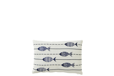 Maritimes Kissen mit Fischmotiv in Weiß und Blau aus Baumwolle