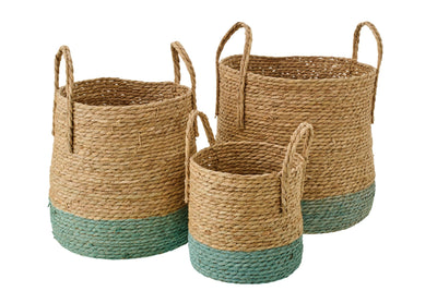 Boho Korbset in Natur und Salbeigrün aus geflochtenen Naturfasern