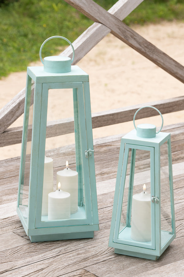 2er Set - Türkise Glaslaterne mit LED-Kerze (M) + (L)