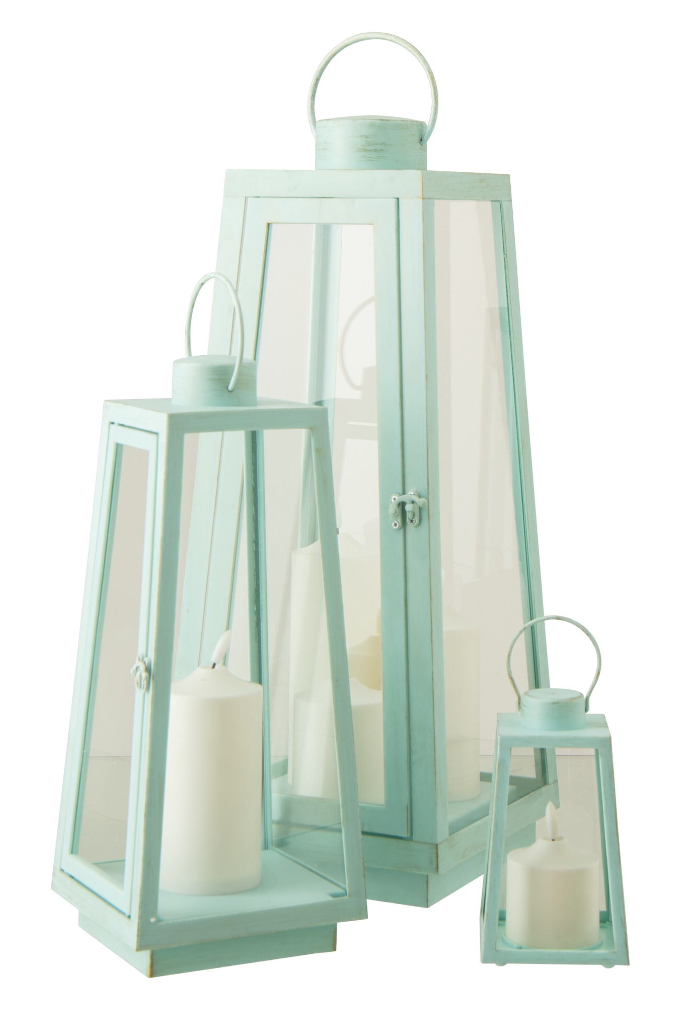 Lanterne avec bougie LED en verre et métal – Turquoise (Grande)