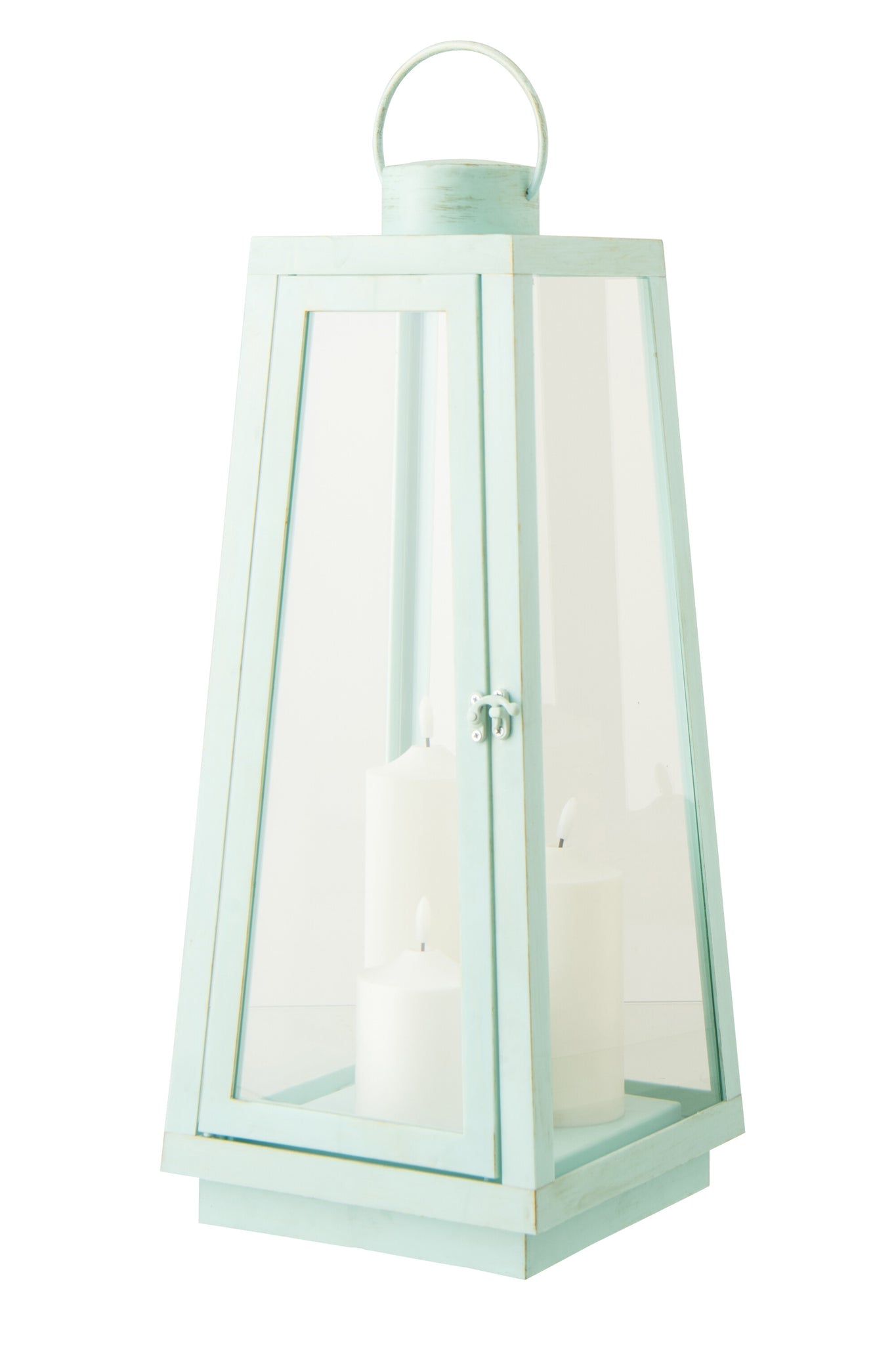 Lanterne avec bougie LED en verre et métal – Turquoise (Grande)