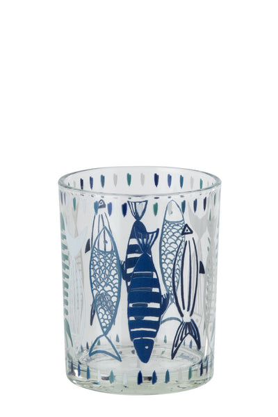 Photophore motif poisson, blanc/bleu, (M)