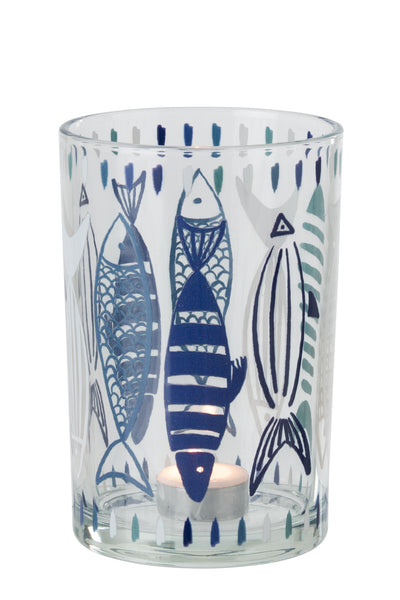 Photophore motif poisson, blanc/bleu, (L)