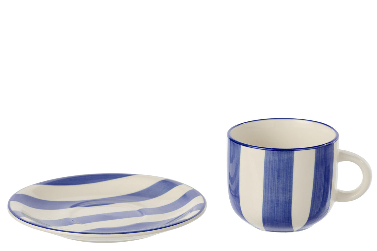 Kaffeetasse mit Untertasse Blau Weiß gestreift
