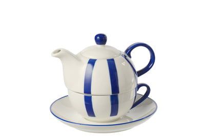 Teekanne mit Untertasse Blau Weiß gestreift
