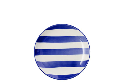 Plato de postre a rayas de gres azul/blanco