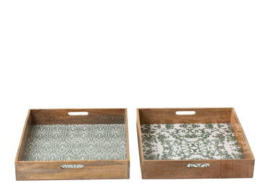 Tablett Set Quadratisch ``Pollenca´´ aus Mangoholz Grün/Weiß (2er-Set)