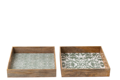 Tablett Set Quadratisch ``Pollenca´´ aus Mangoholz Grün/Weiß (2er-Set)