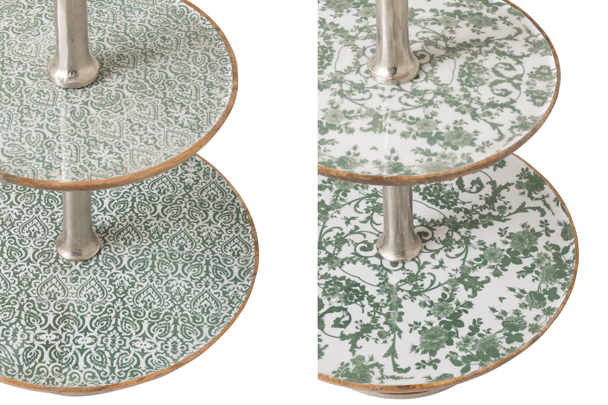 Servierständer ``Pollenca´´ 3 Ebenen aus Mangoholz – Grün/Weiß (2er-Set)