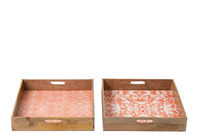 Quadratisches Tablett aus Mangoholz orange weiß 2er Set