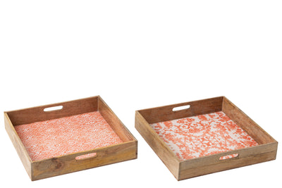 Quadratisches Tablett aus Mangoholz orange weiß 2er Set Serviertablett
