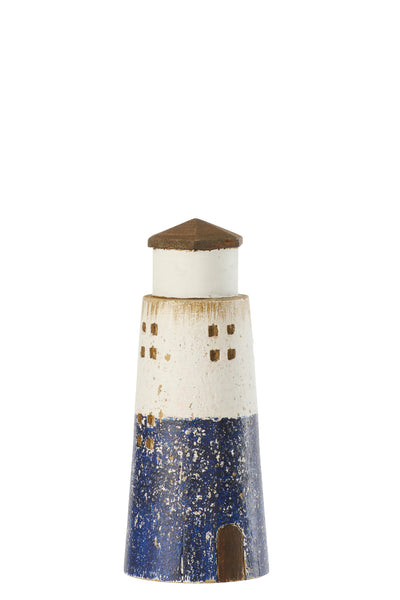 Kleiner Leuchtturm aus Holz Blau Weiß