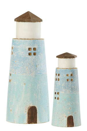 Lot de 2 - Phare en bois Nature/Bleu clair (M) + (L)