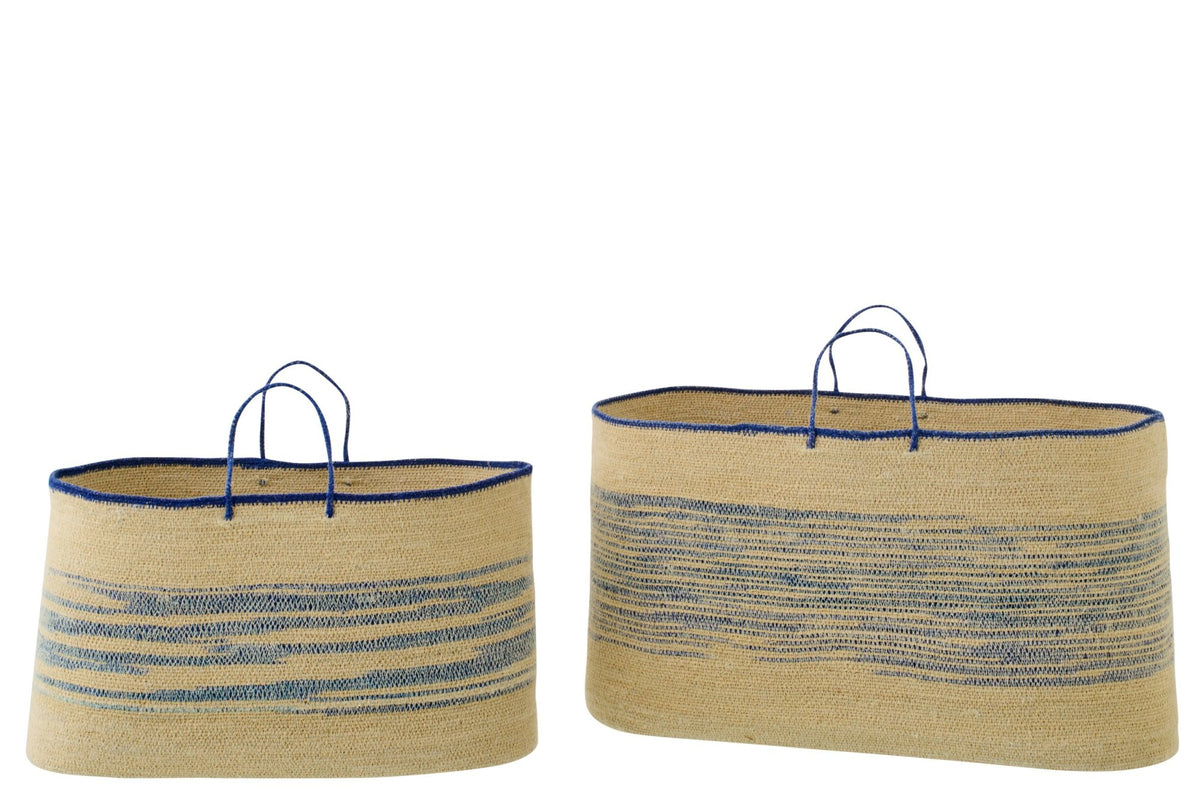 2er Set - Körbe gestreiftem Seegras mit Griff - Natur/Blau