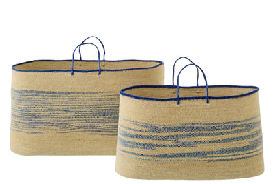 2er Set - Körbe gestreiftem Seegras mit Griff - Natur/Blau