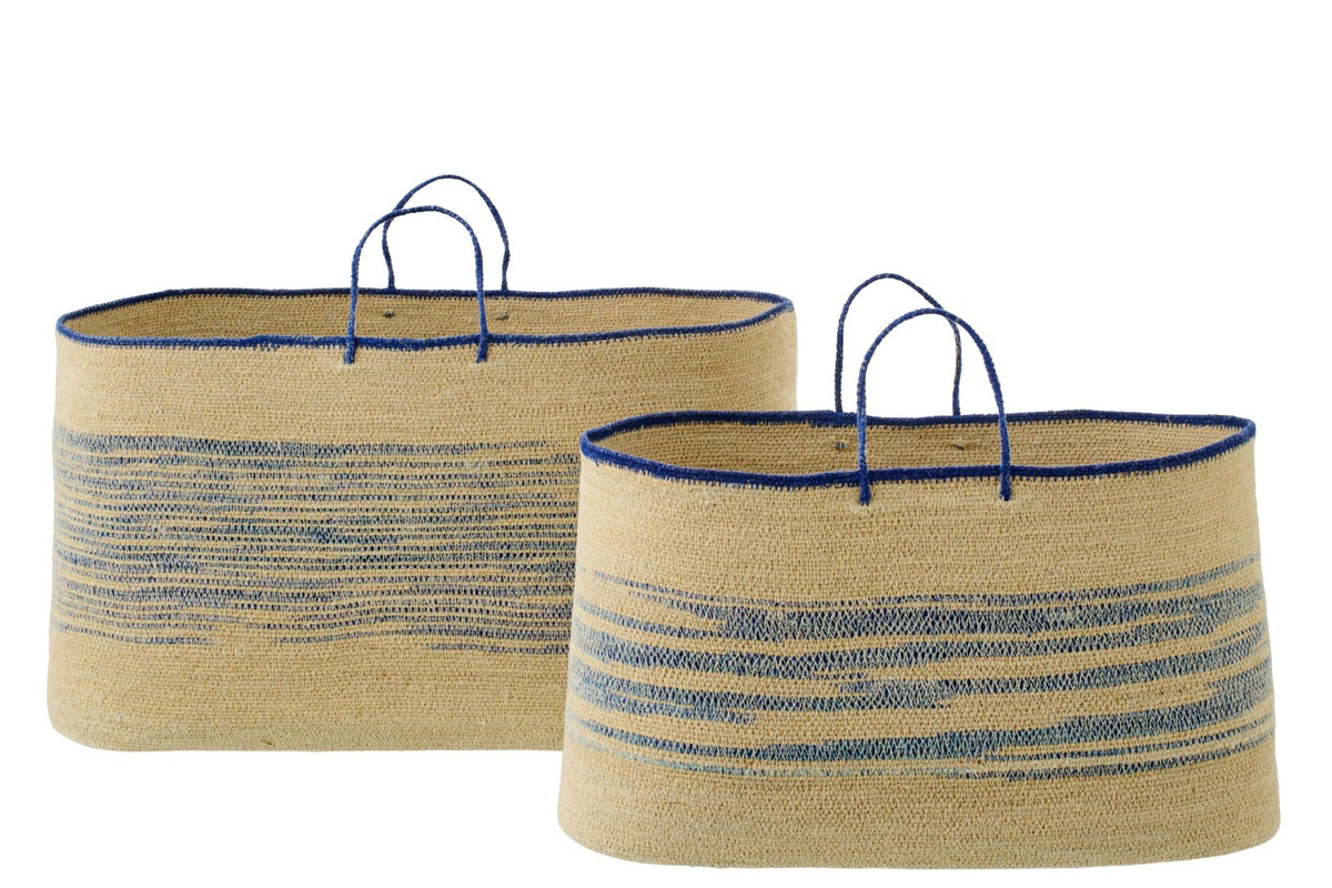 2er Set - Körbe gestreiftem Seegras mit Griff - Natur/Blau