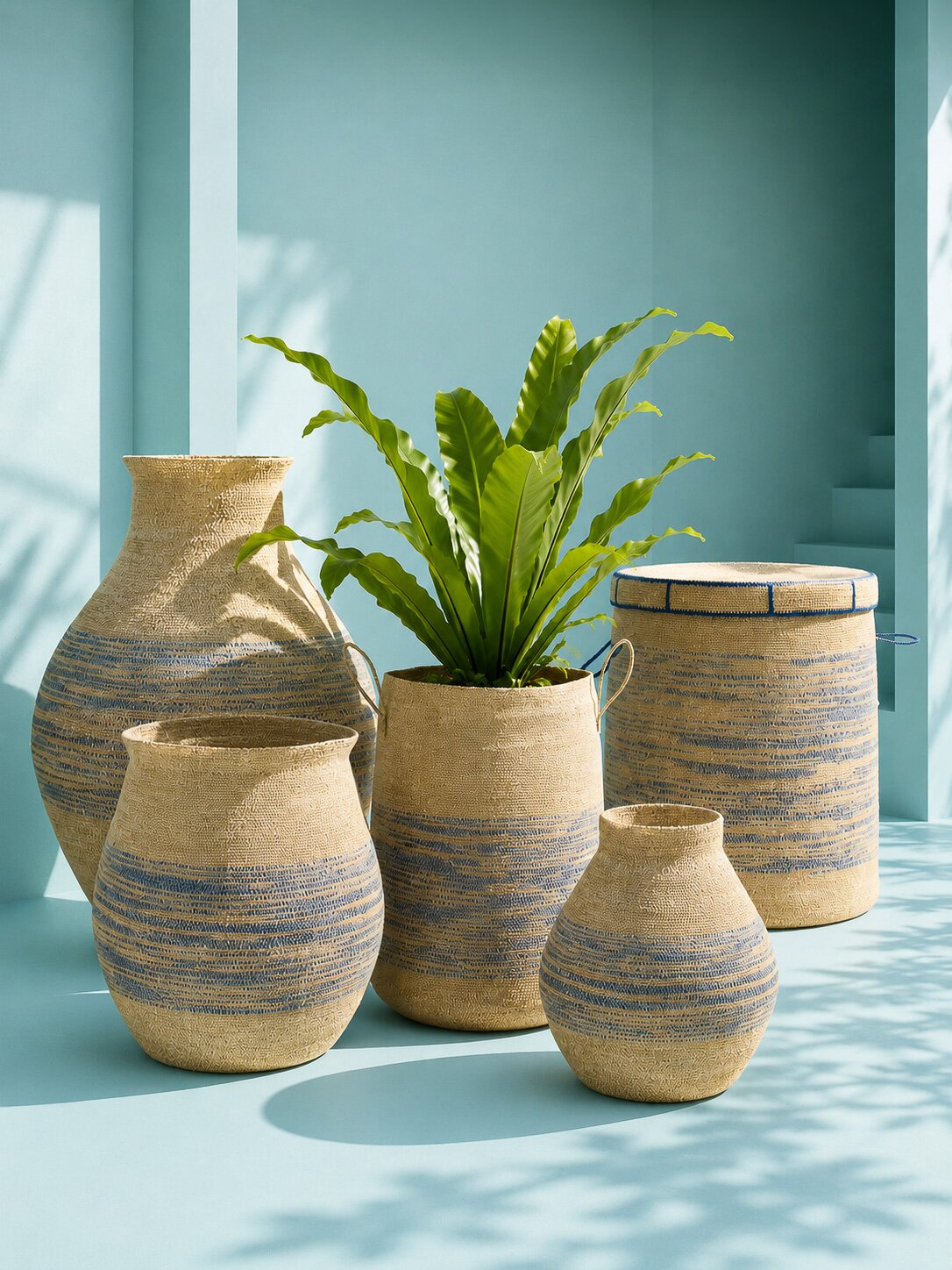 Korb mit Griff - gestreiftes Seegras - Natur Blau