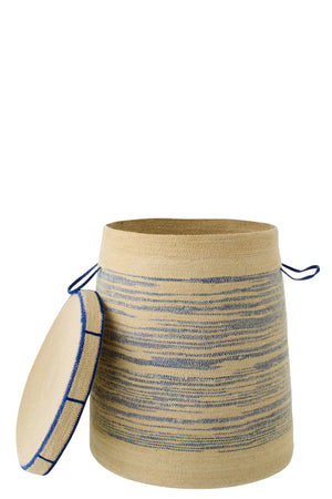 Panier avec anse et couvercle, jonc de mer rayé, Nature/Bleu