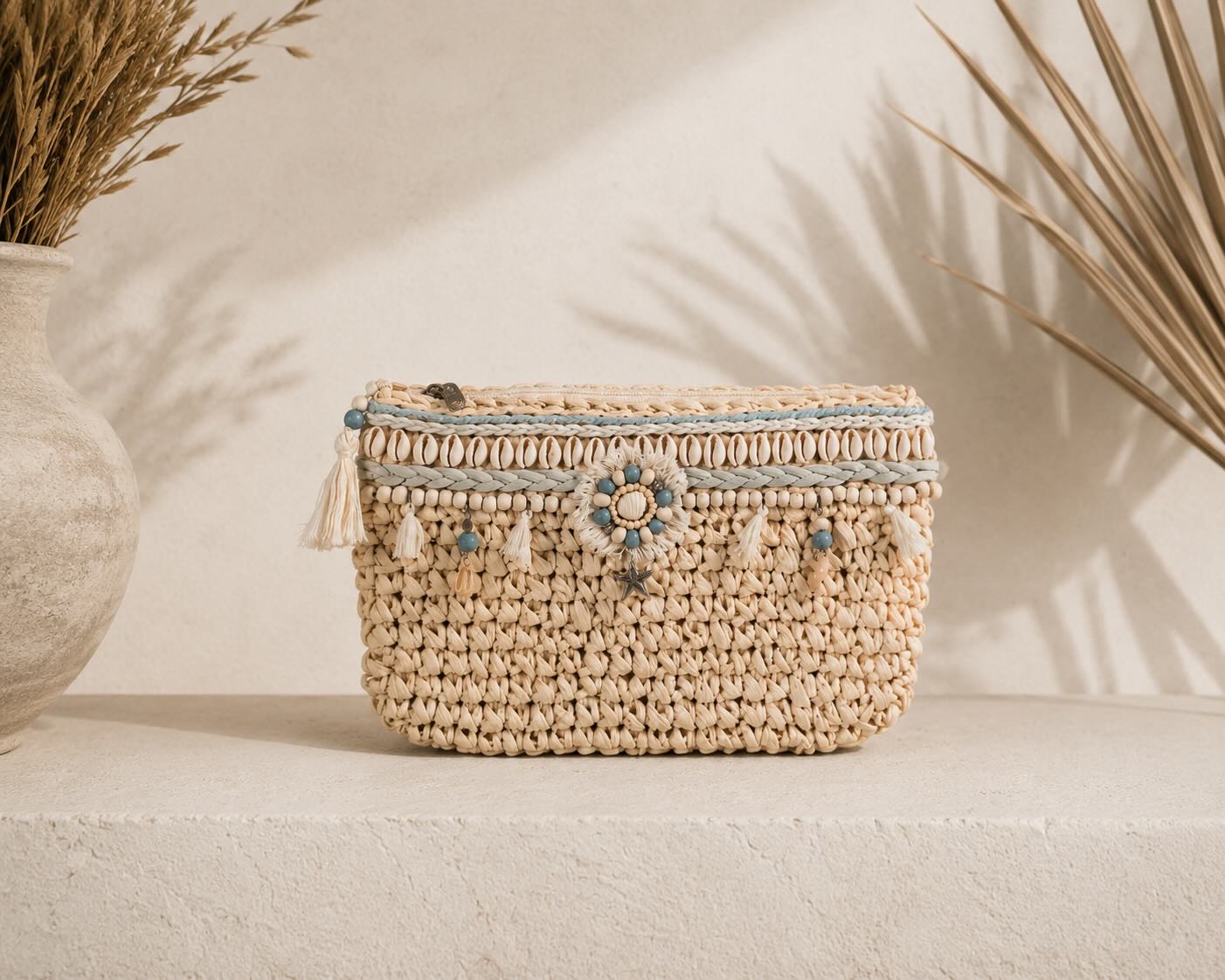Boho Clutch Tasche mit Perlen und Quaste Blau Ecru