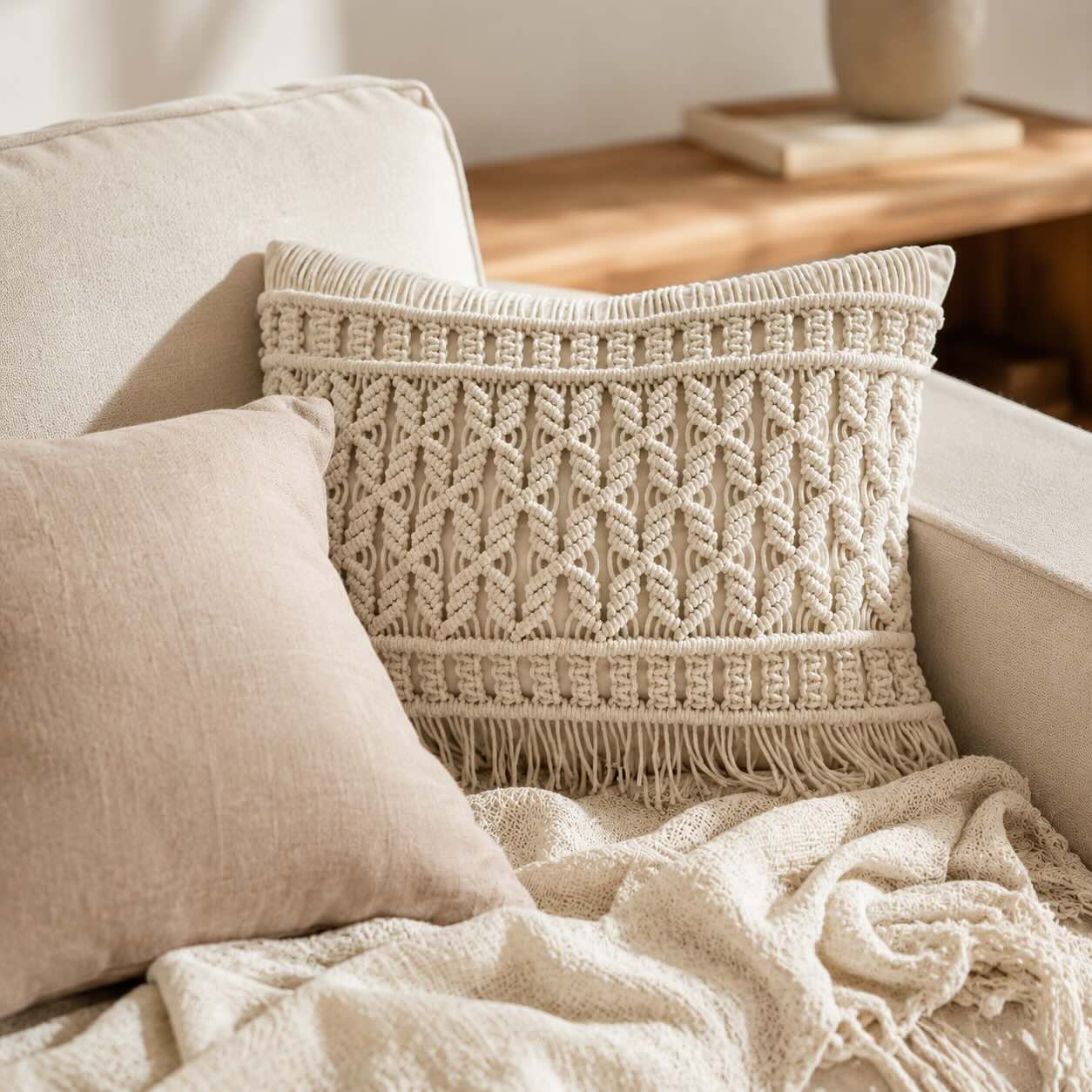 Coussin décoratif bohème blanc cassé