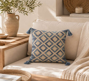 Coussin décoratif à motif losanges - Naturel/Bleu