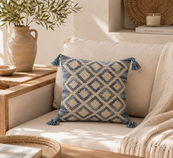 Coussin décoratif à motif losanges - Naturel/Bleu