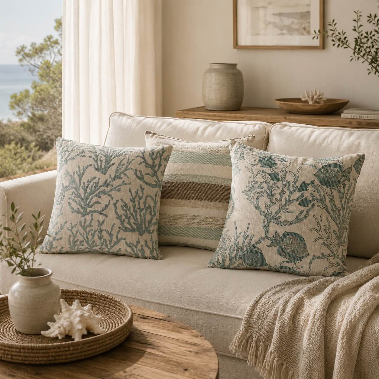 Dekokissen Set Korallenmotiv Blau Off White Sofa