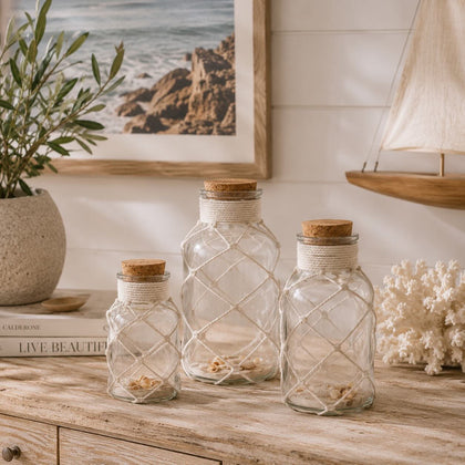 Glasvase mit Sand & Muscheln (L+M+S)