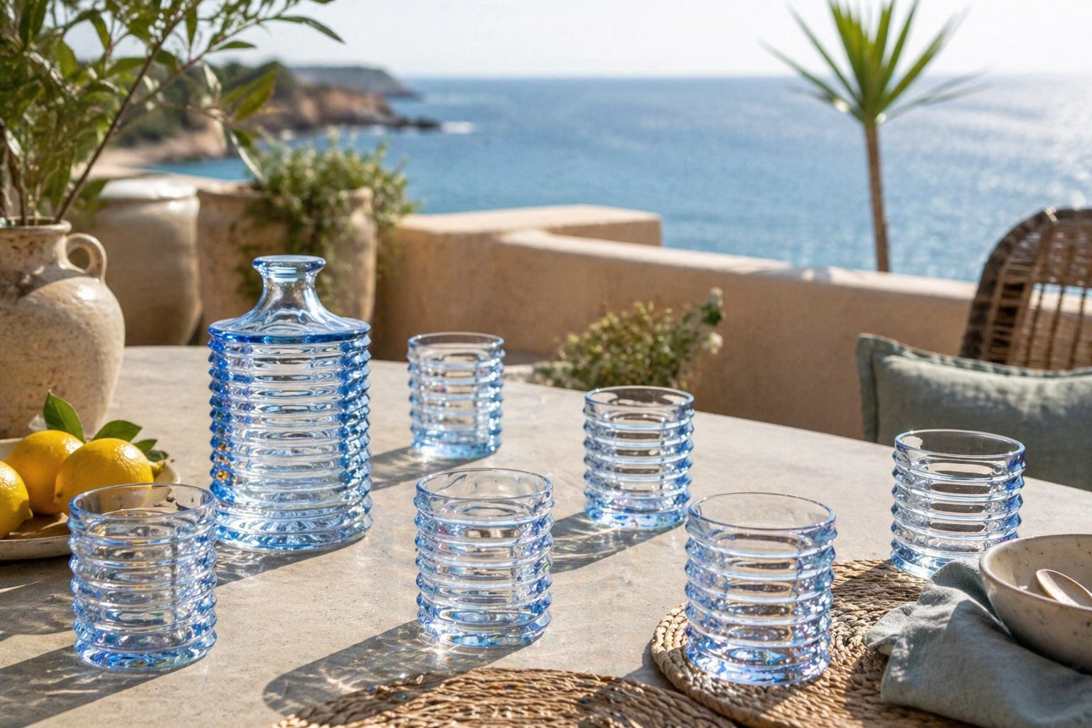 Set de 6 verres à eau + carafe bleu clair – Verre cannelé