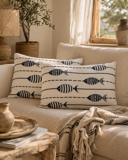 2er Set Maritimes Kissen mit Fischmotiv in Weiß und Blau aus Baumwolle