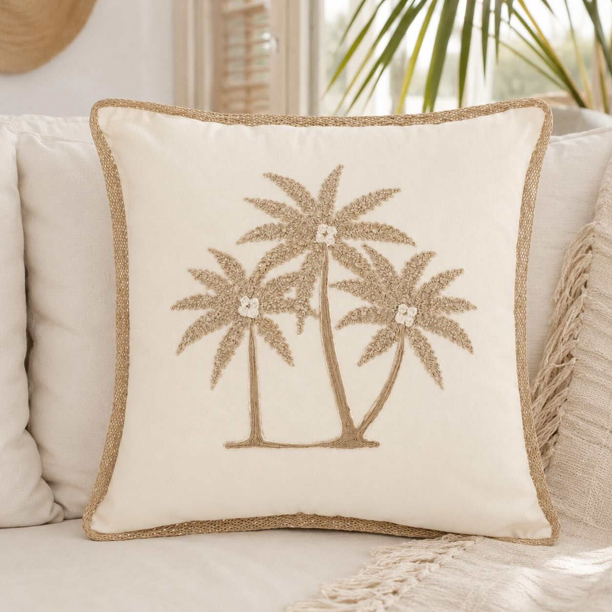Maritimes Kissen mit Palmenmotiv, Creme/Beige
