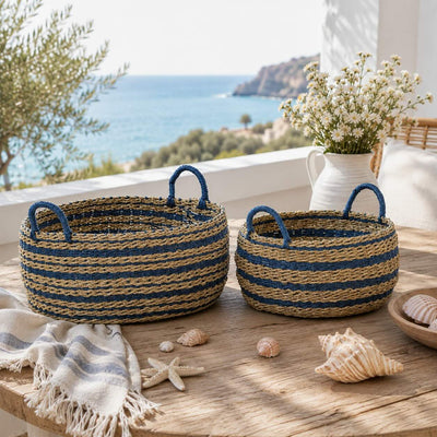 Korbset Gestreift Natur/Blau (2er Set)