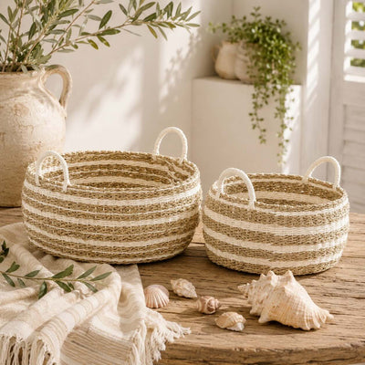 Korbset Gestreift Natur/Weiß (2er Set)