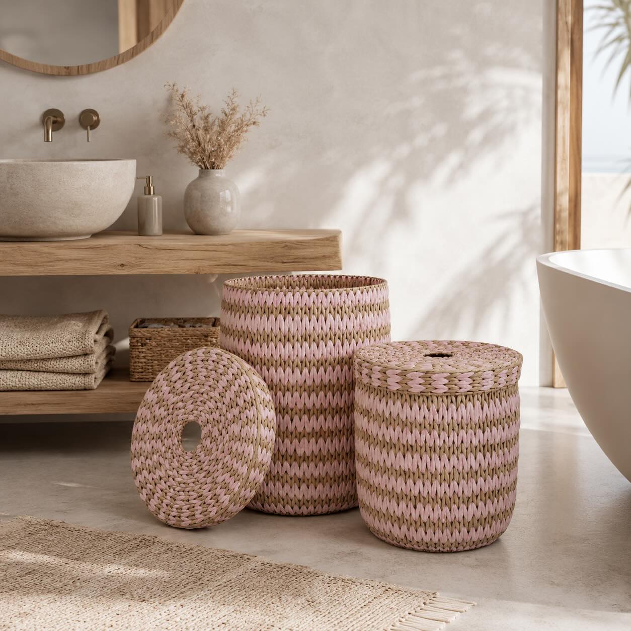 Korbset mit Deckel Natur/Rosé (2er Set)