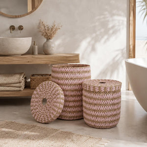 Lot de 2 paniers avec couvercle, coloris naturel/rose