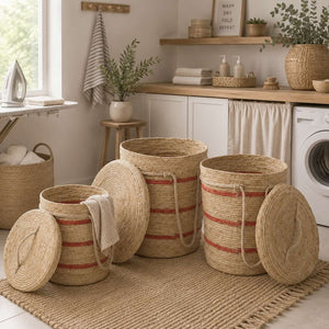 Cestas con tapa, natural/rojo (set de 3)