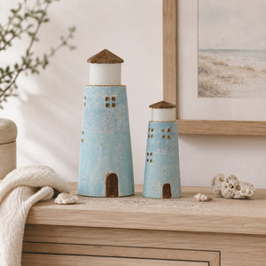 Lot de 2 - Phare en bois Nature/Bleu clair (M) + (L)