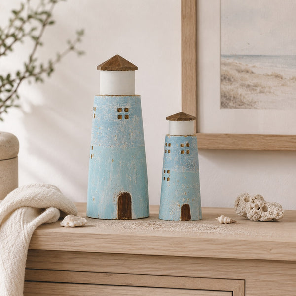 Lot de 2 - Phare en bois Nature/Bleu clair (M) + (L)