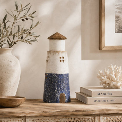 Faro de madera de paulownia azul/blanco (grande)