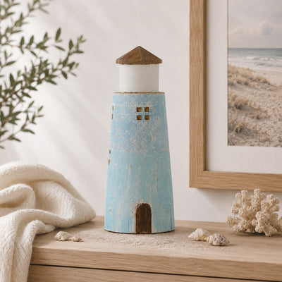 Leuchtturm aus Paulownia Holz Natur Hellblau Strandhaus Stil