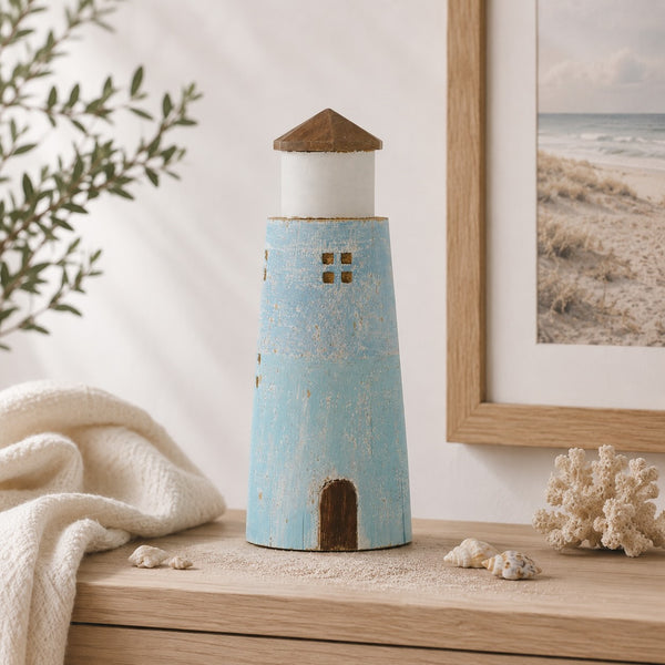 Phare en bois de paulownia, naturel/bleu clair (M)