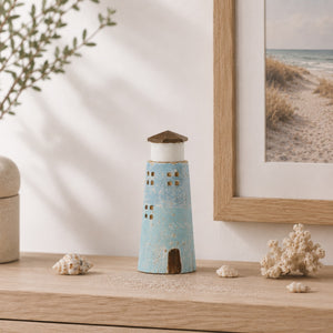 Phare en bois de paulownia, naturel/bleu clair (S)