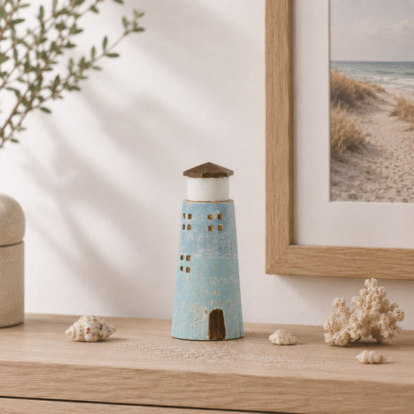 Phare en bois de paulownia, naturel/bleu clair (S)