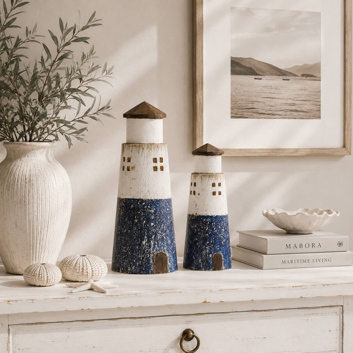 Phare en bois de paulownia, bleu/blanc (M+L) lot de 2