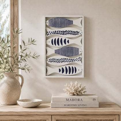 Maritime Fisch-Wanddekoration, Blau/Weiß