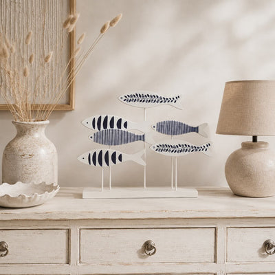 Maritime Fisch auf Sockel, Blau/Weiß (L)