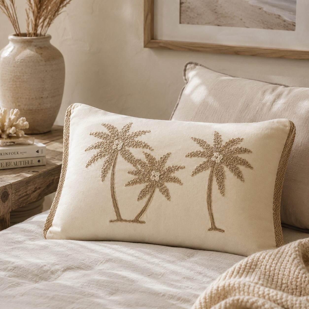 Maritimes Kissen mit Palmenmotiv, Creme/Beige