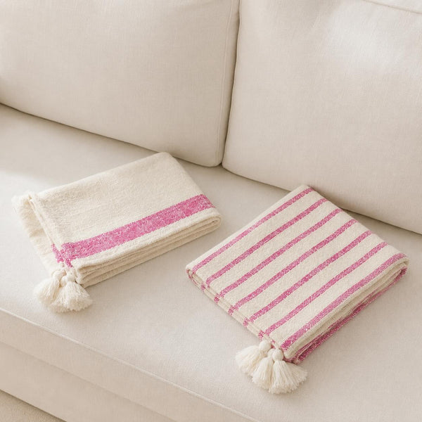Plaid mit Quasten – Weiß/Rosa (2er-Set)
